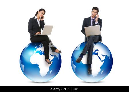 Male and female corporate Co-workers working on laptop and talking on phone sittting on distant graphic earth.