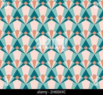 Seamless Pattern vector design with an art deco style in blue, coral and pink. Background with a modern geometric hexagonal pattern in pastel tones Stock Photo