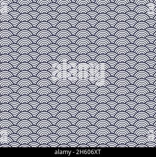 Seamless Pattern vector design with an oriental and japanese style in blue and white. Background with a geometric pattern of semicircles in navy blue Stock Photo
