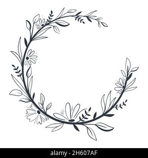 Beautiful botanical wreath with flowers and leaves doodle style. Floral frame, template for greeting cards or greetings. Circular leafy border, vector Stock Vector