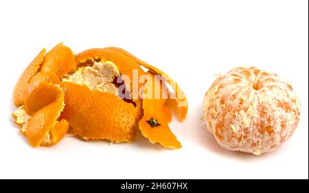 Peeled tangerine and peel isolated on white background. Stock Photo