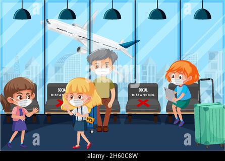 Social distance with public seating regulations in airport area illustration Stock Vector