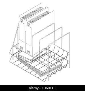 Contour of a shelf with folders with documents from black lines isolated on a white background. Office documents. Isometric view. Vector illustration. Stock Vector
