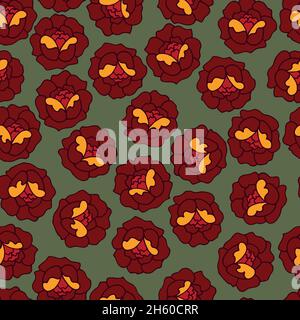 Seamless Pattern vector design with with tattoo style flowers in shades of red, orange and yellow. Background green with tattoo flowers Stock Vector