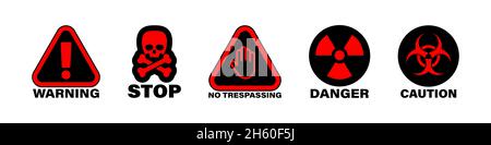 Warning stop danger protection flat icon set, chemical and radiation hazard with skull illustration black and red. Stock Vector