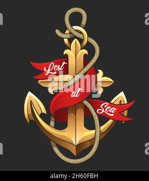 Emblem of golden Anchor and red banner with wording Lost at Sea isolated on black. Vector illustration. Stock Vector