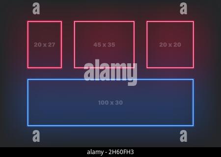 Neon frame rectangle border shiny collection. Led lamp frames shine bright on dark background. Stock Vector