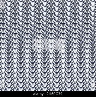 Seamless Pattern vector design with an oriental and japanese style in blue and white. Background with a geometric pattern of semicircles in navy blue Stock Vector