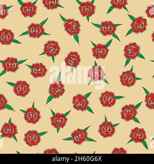 Seamless pattern of a design of a tattoo rose flower with red petals, green leaves and black borders with a beige background Stock Vector