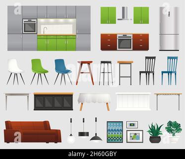 Modern kitchen and living room design ideas elements icons composition with furniture refrigerator accessories set vector illustration Stock Vector