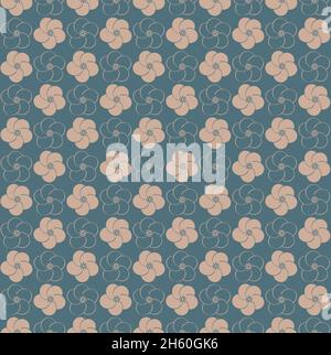 Seamless Pattern design with oriental and japanese style flowers in blue and pink tones. Background with pattern with floral shapes of Sakura cherry Stock Vector