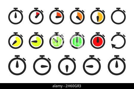 Timer countdown vector flat collection. Stopwatch clock minute and second measurement isolated set illustration. Stock Vector