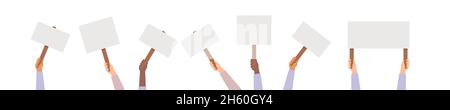 Hand holding protest posters vector, rebel placards in hands people activist crowd illustration. Stock Vector