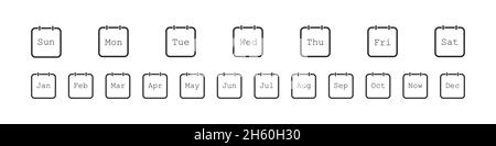 Week and month date vector icon collection, days and months in calendar symbol set. Stock Vector
