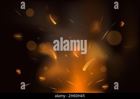 Fire sparks vector burning illustration. Flame burn realistic with smoke and sparkles background Stock Vector