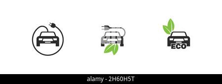 Eco car fuel vector, bio electro transportation cable with plug and leaf icon collection. Stock Vector