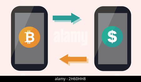 It represents the exchange of crypto assets for electronic dollars. Stock Vector