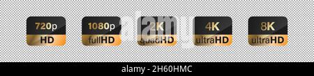 Hd screen definition golden label sticker vector collection. Full, quad, ultra, 4k, 2k, 8k emblem collection. Stock Vector