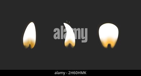 Candle flame burning realistic vector collection, realistic glowing fire on dark background decorative illustration. Stock Vector