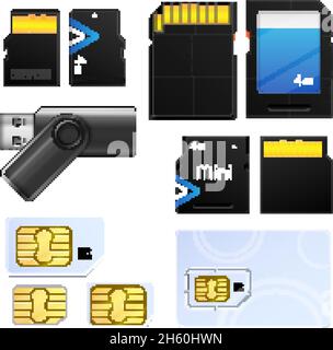 Isolated realistic memory card sim icon set with different types for different tech vector Illustration Stock Vector
