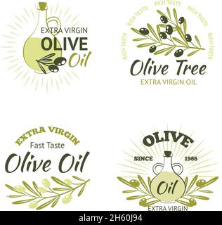 Natural organic olive oil emblems set with tree branches isolated vector illustration Stock Vector