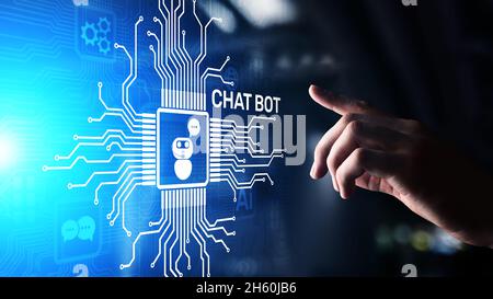 Chatbot computer program designed for conversation with human users over the Internet. Support and customer service automation technology concept. Stock Photo