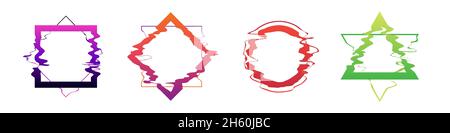Glitch frame distorted border element, vector cyber neon style geometric shape distortion collection illustration. Stock Vector
