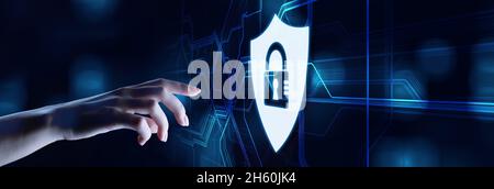 Cyber security shield padlock icons data protection information privacy concept on screen. Stock Photo