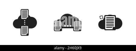 Cloud hard drive data, with file document in process. Flat clouds collection system server storage icon button. Stock Vector