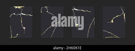 Golden marble banner cover kintsugi surface collection, gold luxury decoration set illustration. Stock Vector