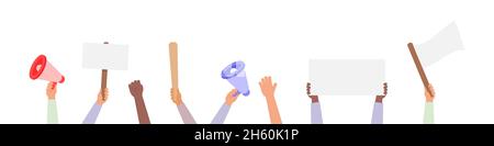 Hand holding protest posters vector collection, rebel placards in hands people set activist crowd illustration. Stock Vector