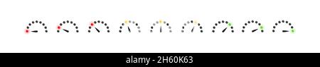 Gauge measure scale collection with red yellow and green lights from low to hight, good and poor scale with arrow vector indicator illustration. Stock Vector
