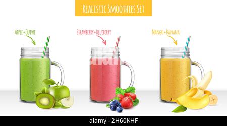 Colorful set of jars with smoothie drinks composed by fruits and berries ingredients realistic vector illustration Stock Vector