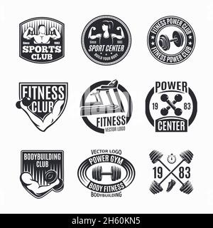 Nine isolated monochrome power fitness logotypes set with wealth muscles and barbell symbols with decorative captions vector illustration Stock Vector
