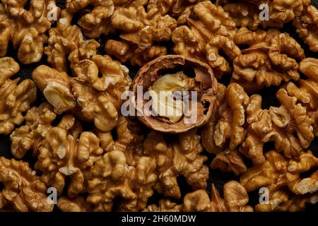 Peeled walnuts viewed from the top. Stock Photo