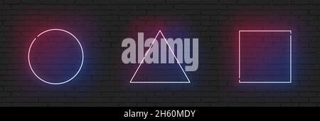 Neon frame geometric set circle, triangle and rectangle border shiny illustration. Led lamp different shapes shine bright on dark brick wall backgroun Stock Vector