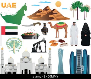 UAE travel flat icons collection with landmarks national flag clothing cuisine mountains modern architecture mosque vector illustration Stock Vector