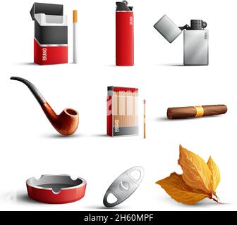 Traditional tobacco products realistic set with cigarette pack matches lighters pipe cigar ashtray tobacco leaves on white background isolated vector Stock Vector
