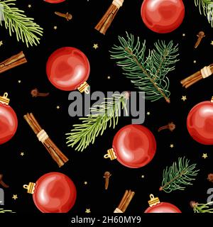 Seamless pattern with Christmas toys, cinnamon, cloves, fir branches and gold confetti on a black background. Stock Vector