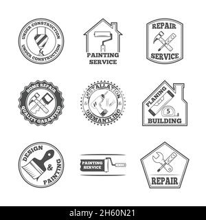 Home repair panting service quality building installation design labels set with black tools icons isolated  vector illustration Stock Vector