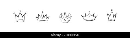 Doodle King Queen Crown Hand Drawn Logo Black Set Vector Kingdom