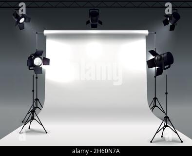 Spotlights realistic composition with cyclorama and studio spot lights hanging on reel and mounted on stands vector illustration Stock Vector