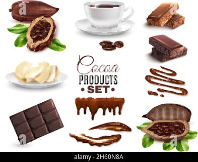 Set of realistic cocoa products including dried beans, drink, cacao butter, chocolate bar isolated vector illustration Stock Vector