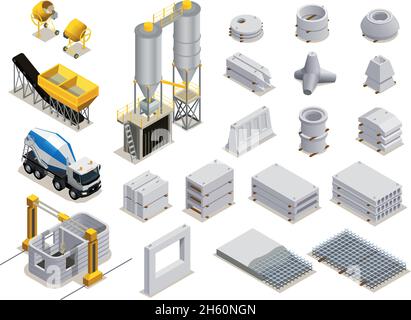 Concrete production set of isometric icons with manufacturing equipment transport and finished stone details isolated vector illustration Stock Vector