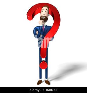 Handsome cartoon businessman and question mark sign - 3D illustration Stock Photo