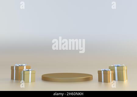 3D gold round minimal podium with gift boxes on pastel background. Minimal stand for holiday presentation. Template for design Stock Photo