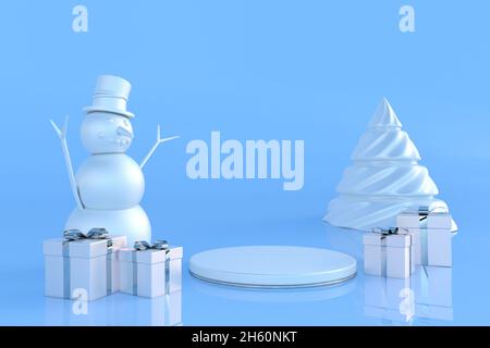3D New Year blue podium for greeting card, poster, banner with funny Snowman, Christmas tree, gift boxes. Festive studio interior with empty pedestal. Stock Photo