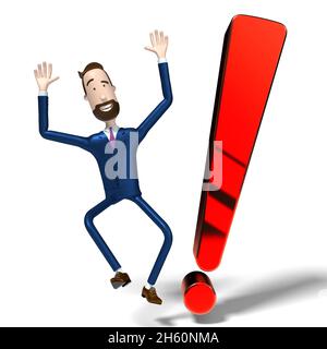 Handsome cartoon businessman and exclamation mark - 3D illustration Stock Photo
