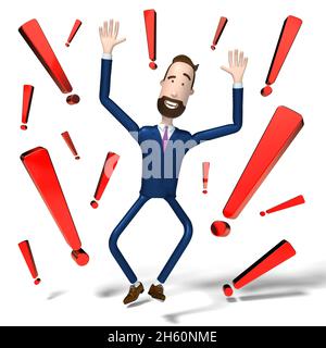 Handsome cartoon businessman and exclamation marks - 3D illustration Stock Photo