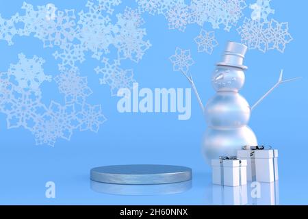 3D New Year blue podium for greeting card, poster, banner with funny Snowman and gift boxes. Festive studio interior with empty pedestal. Background f Stock Photo